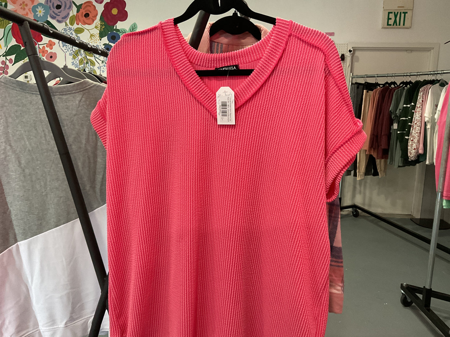 Coral Ribbed Short Sleeve Top