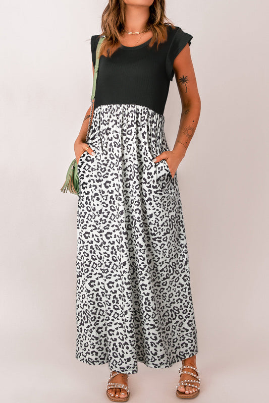 Black Leopard Ribbed Maxi Dress With Pockets