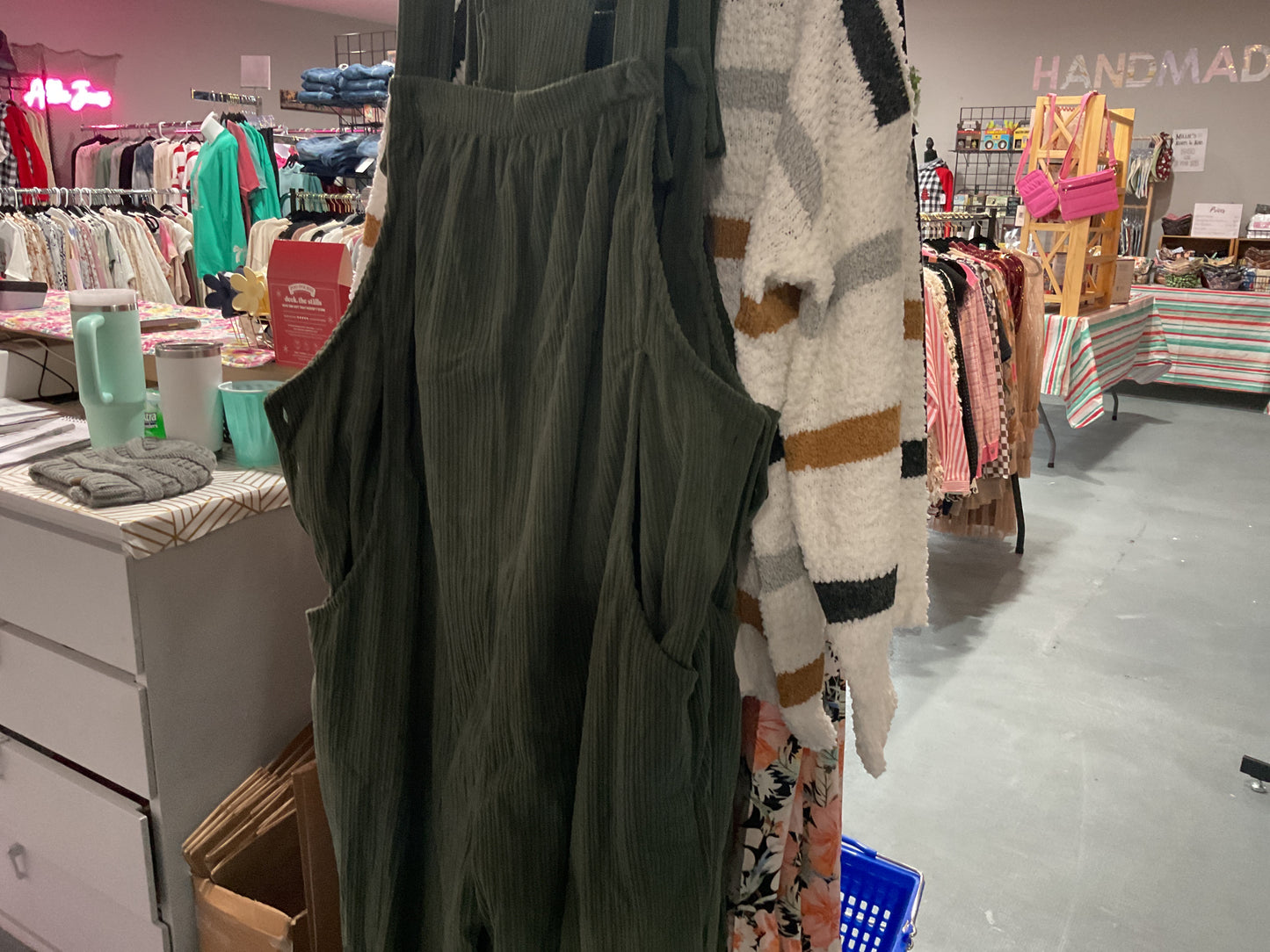 Jungle green loose fitting corduroy overalls