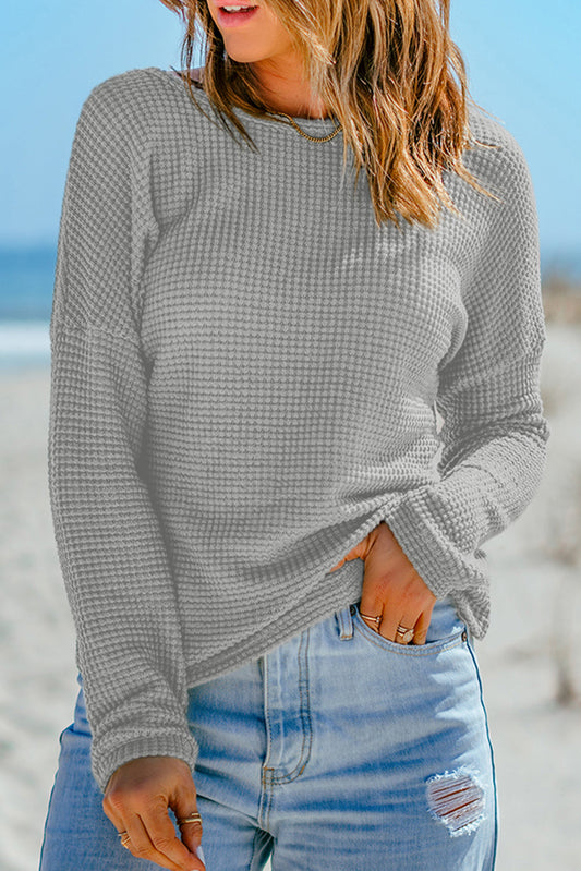 Grey Waffle Knit Long Sleeve Shirt