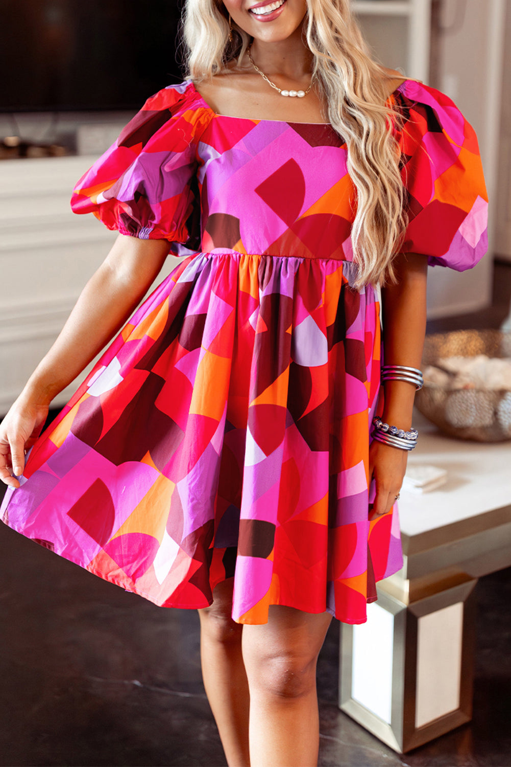 Ava Red Abstract Puff Sleeve Dress