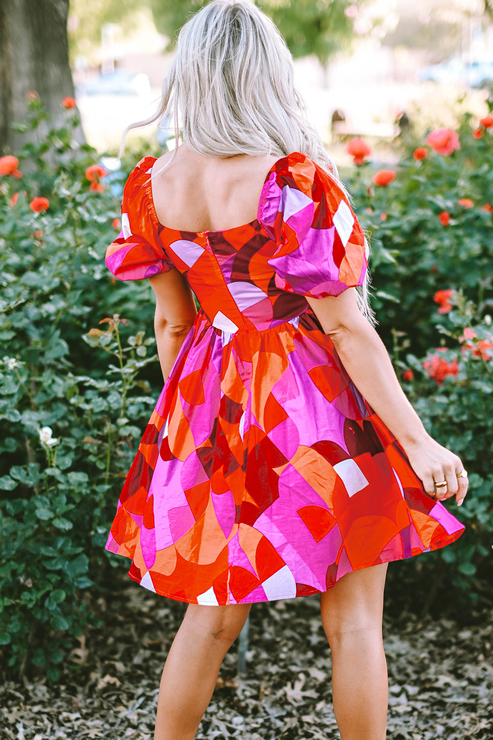 Ava Red Abstract Puff Sleeve Dress