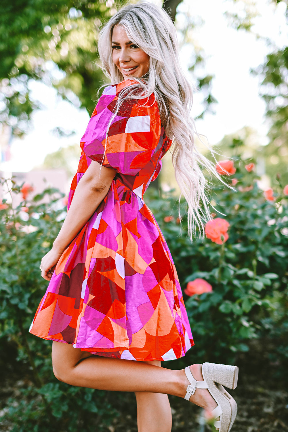 Ava Red Abstract Puff Sleeve Dress