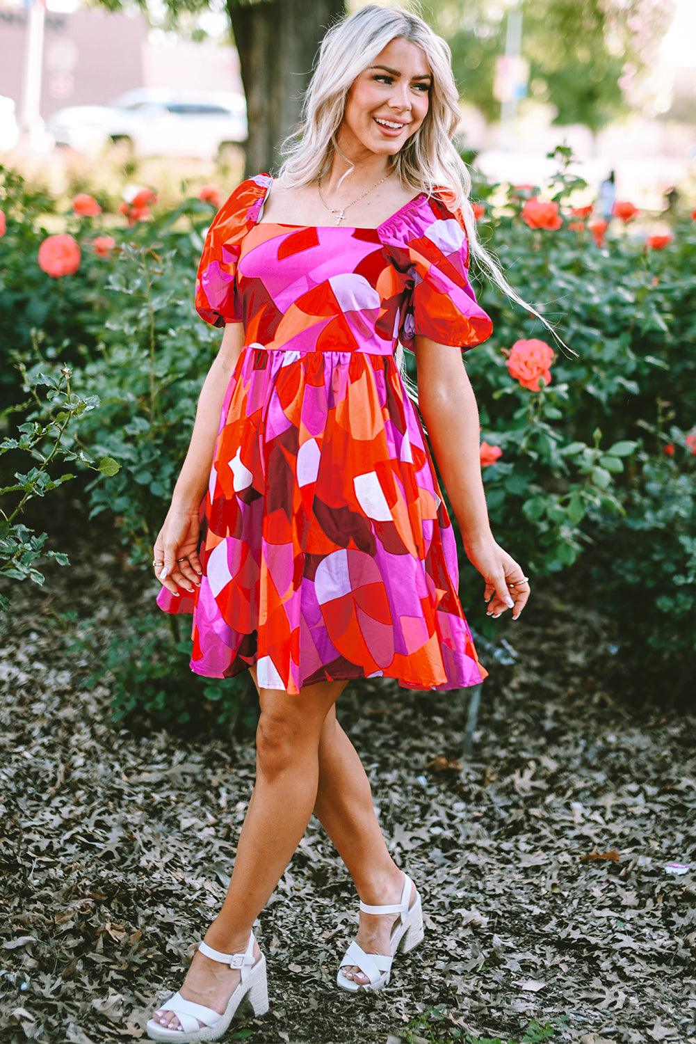 Ava Red Abstract Puff Sleeve Dress