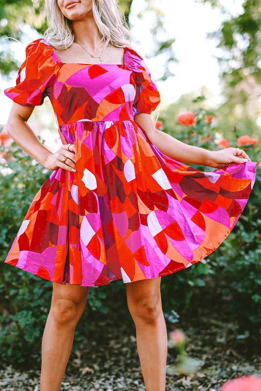 Ava Red Abstract Puff Sleeve Dress