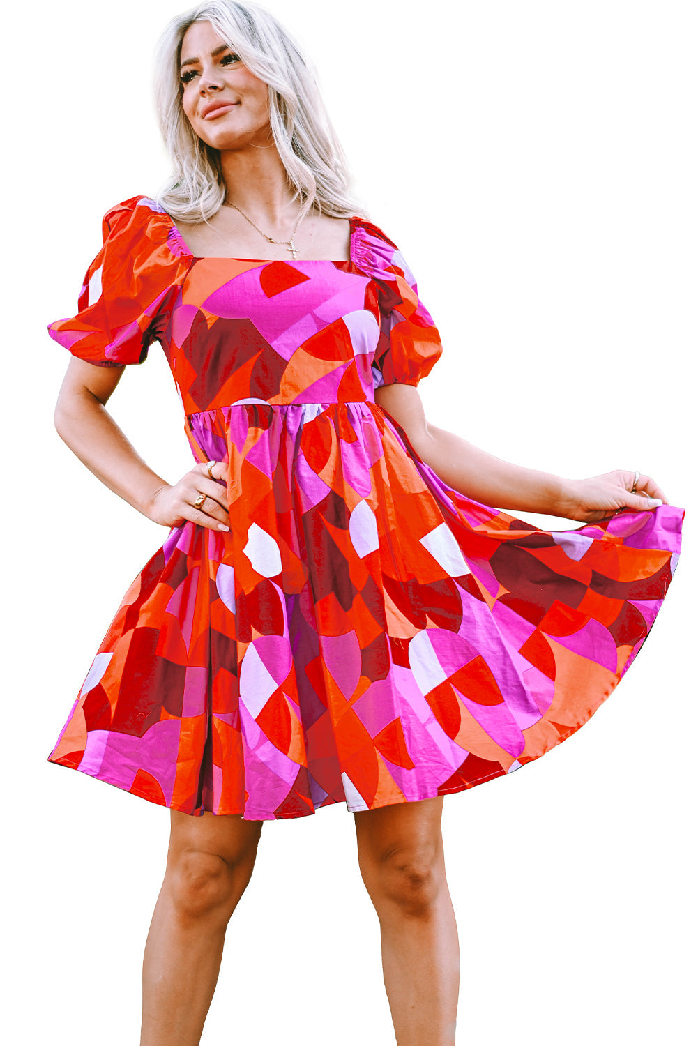 Ava Red Abstract Puff Sleeve Dress