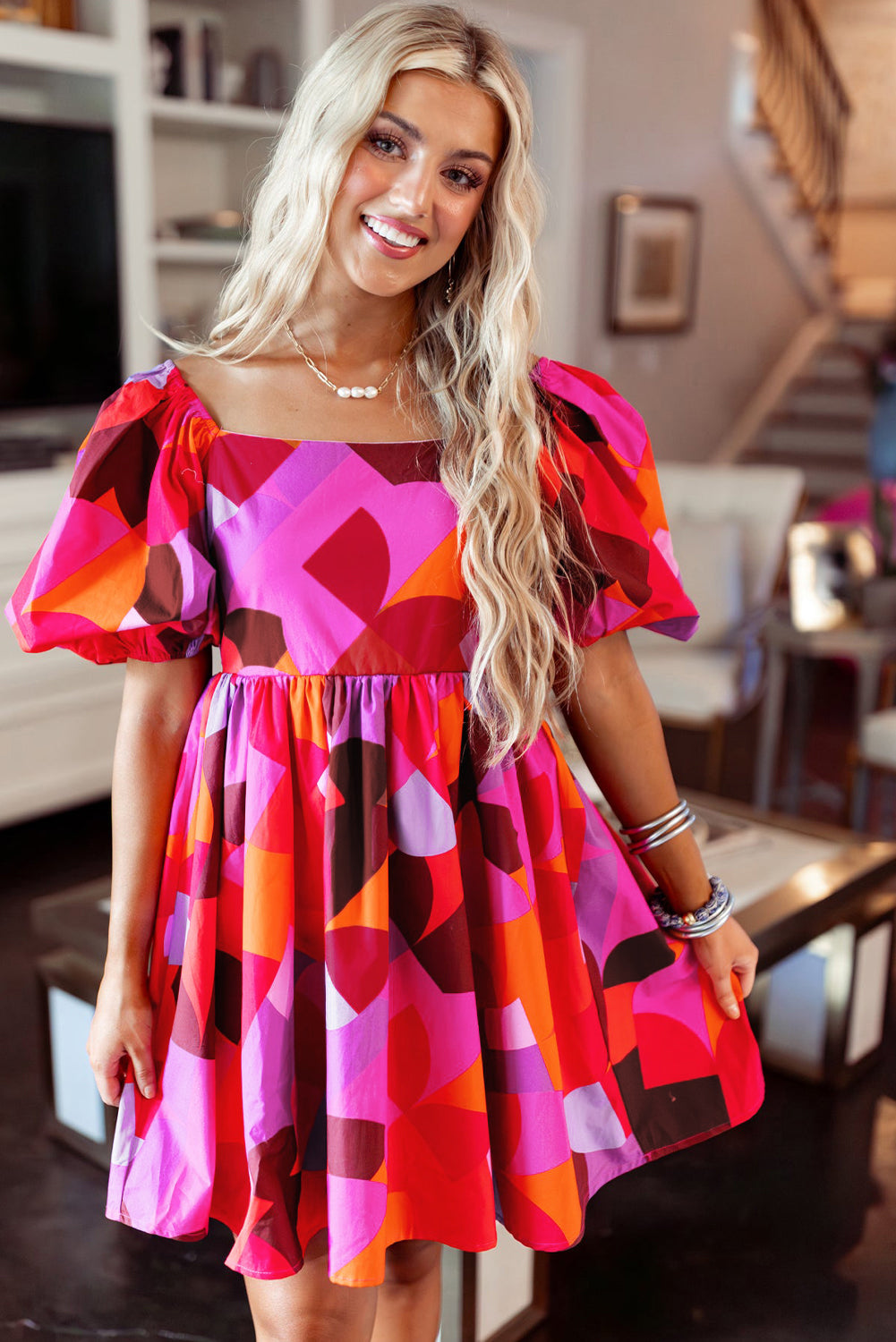 Ava Red Abstract Puff Sleeve Dress