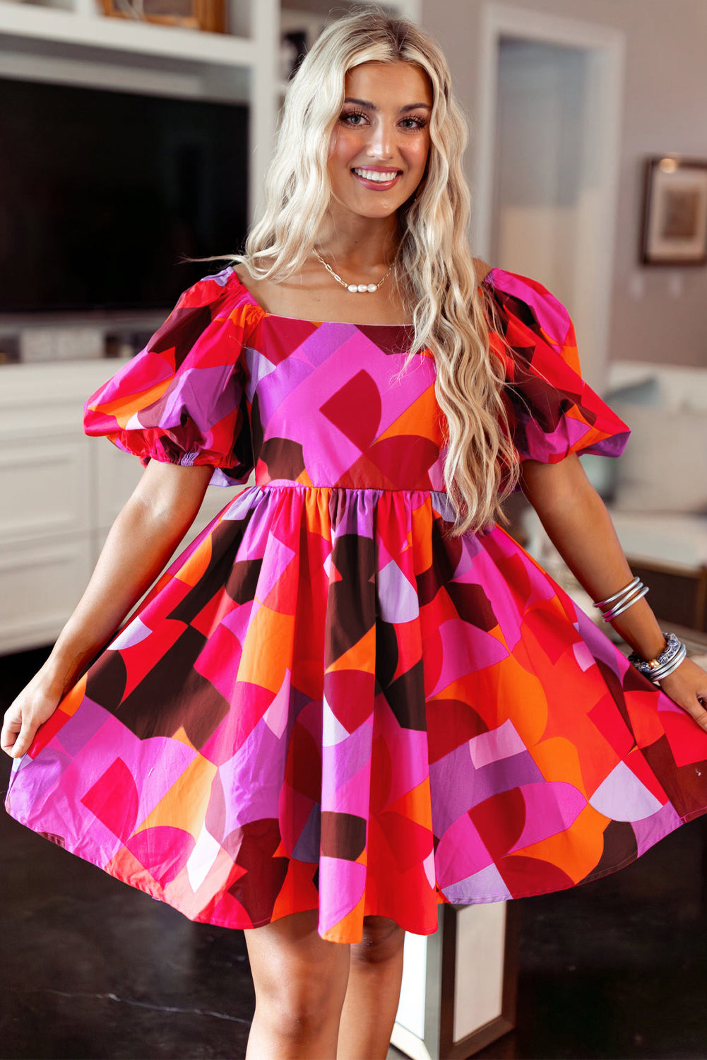 Ava Red Abstract Puff Sleeve Dress