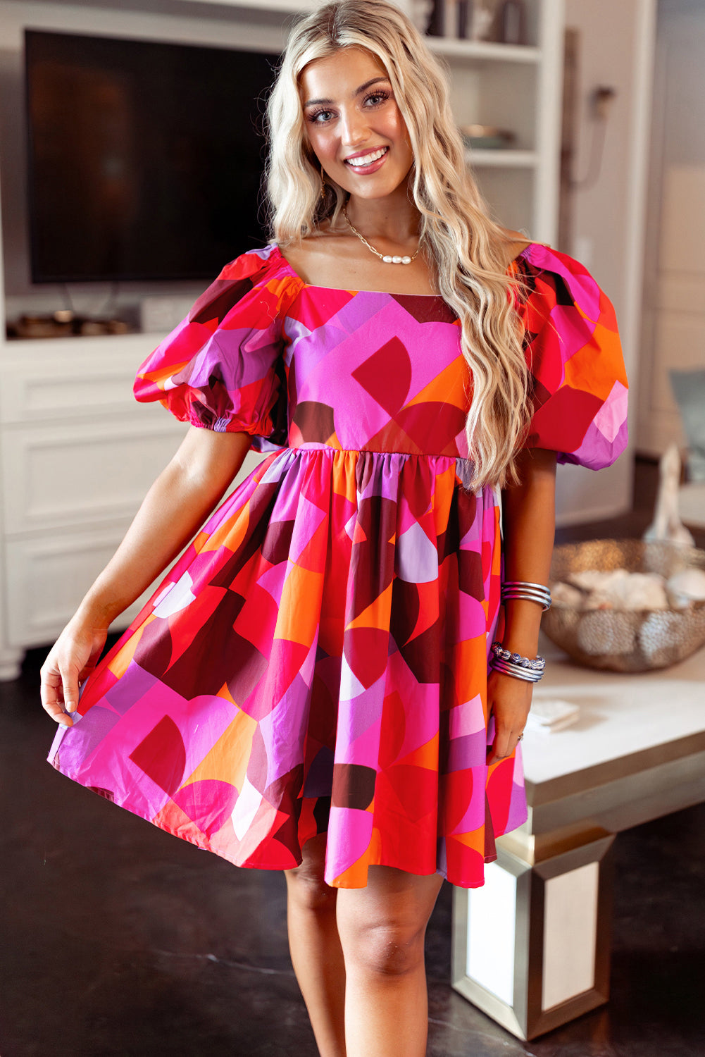 Ava Red Abstract Puff Sleeve Dress