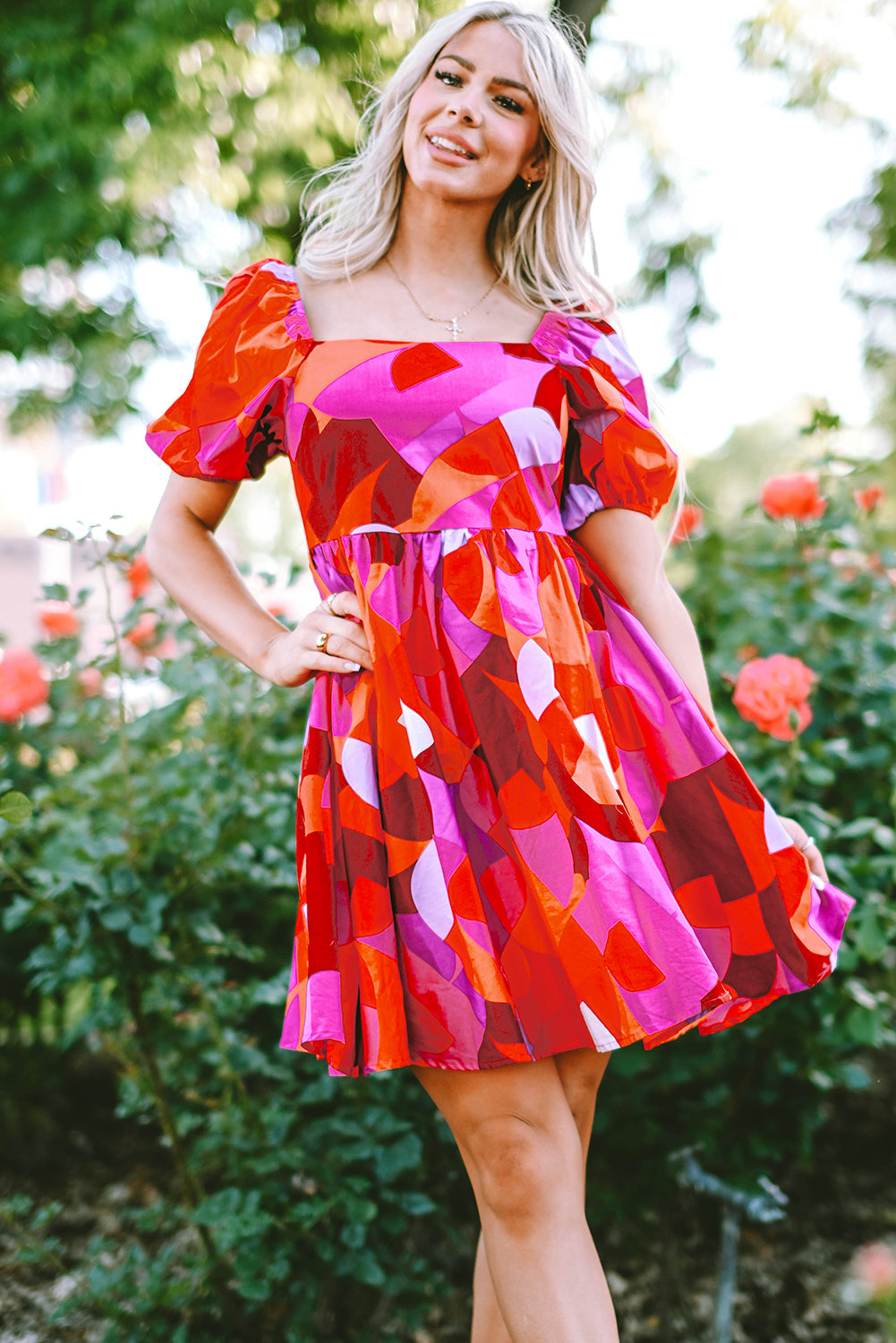 Ava Red Abstract Puff Sleeve Dress